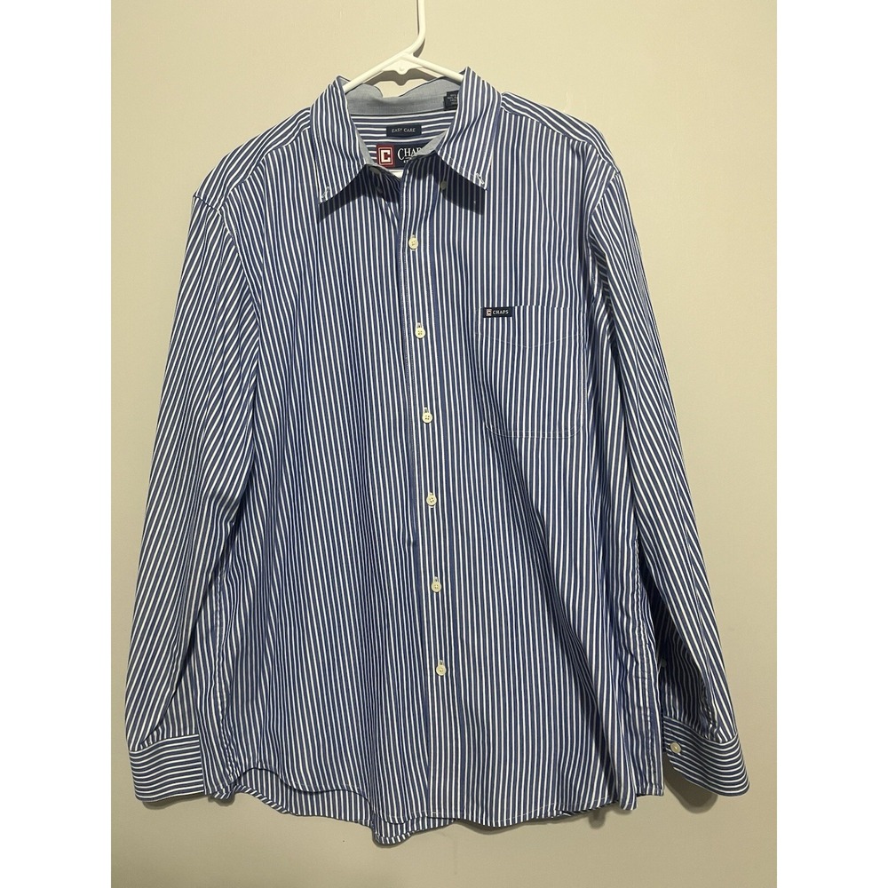 Chaps Size L Men's Button Down Blue Striped Classic Shirt Easy Care Cotton Blend